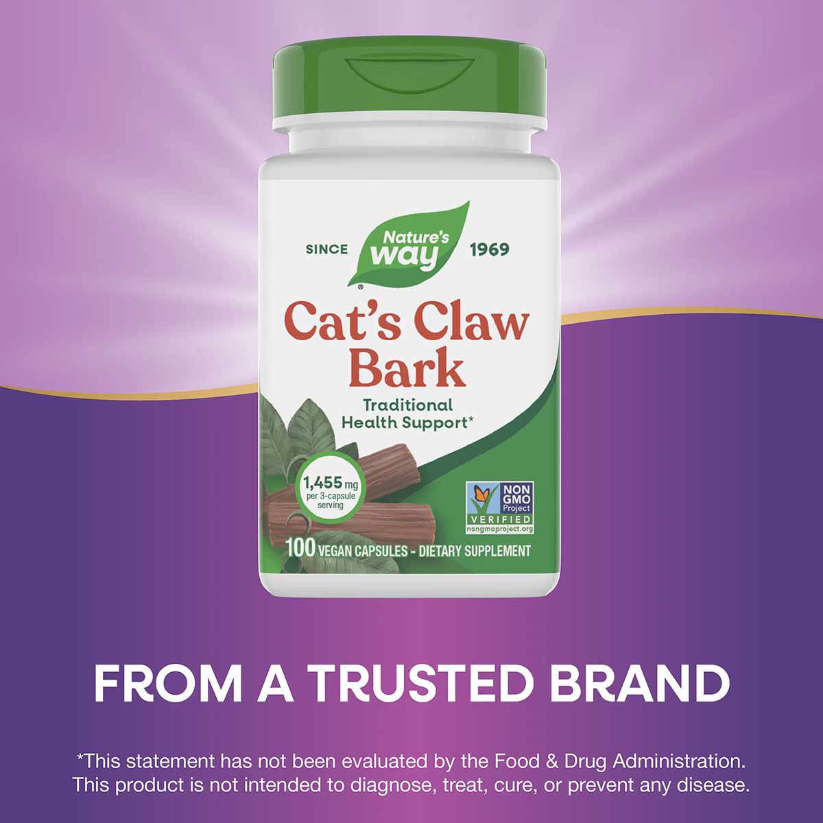 Nature's Way Cat's Claw Bark bottle with green cap, 100 vegan capsules, 1,455 mg per 3-capsule serving.