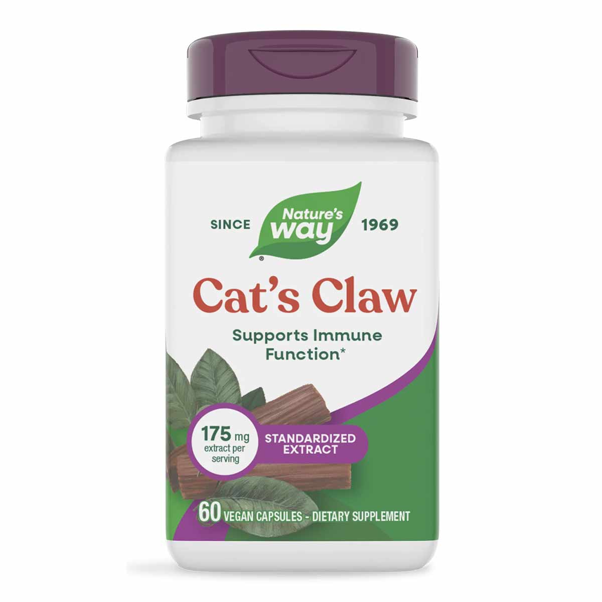 Nature's Way Cat's Claw supplement bottle with purple cap, 60 vegan capsules, 175 mg standardized extract per serving.