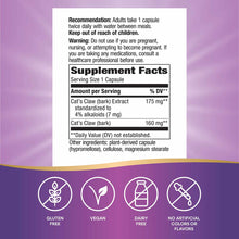 Back of supplement label showing dosage instructions, Supplement Facts with Cat's Claw extract details, and icons indicating 