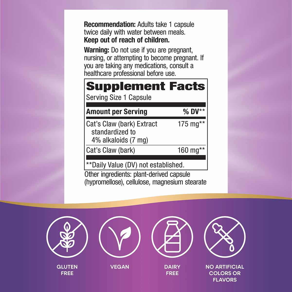 Back of supplement label showing dosage instructions, Supplement Facts with Cat's Claw extract details, and icons indicating 