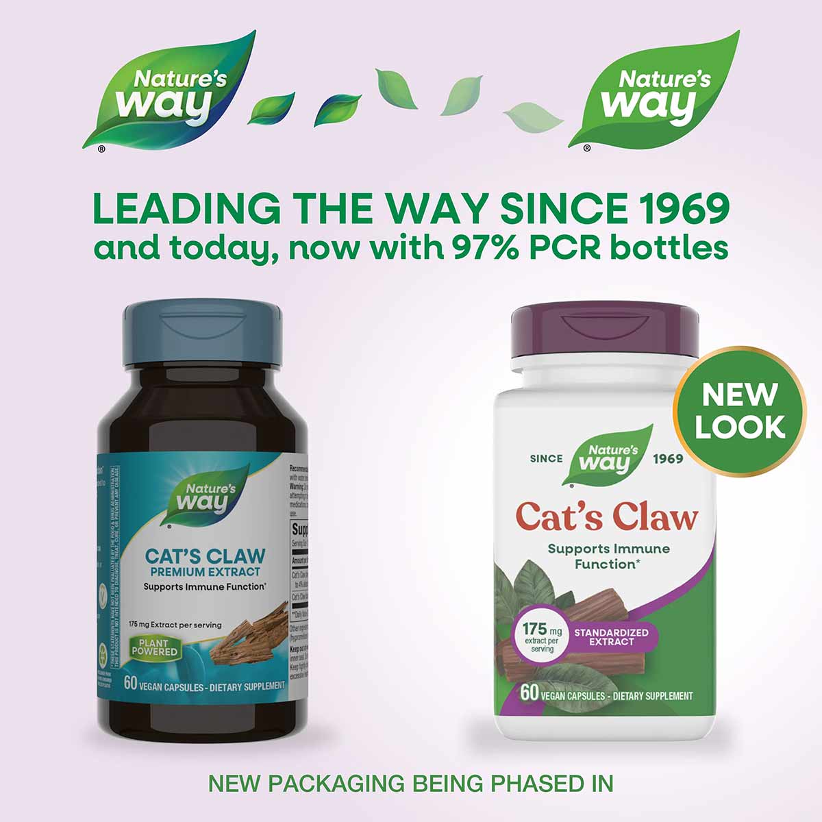 Two Nature's Way Cat's Claw Premium Extract supplement bottles: older dark teal design (left) and new white design (right) wi