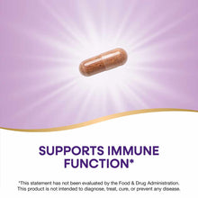 Brown herbal supplement capsule on purple background with gold accent wave at bottom.