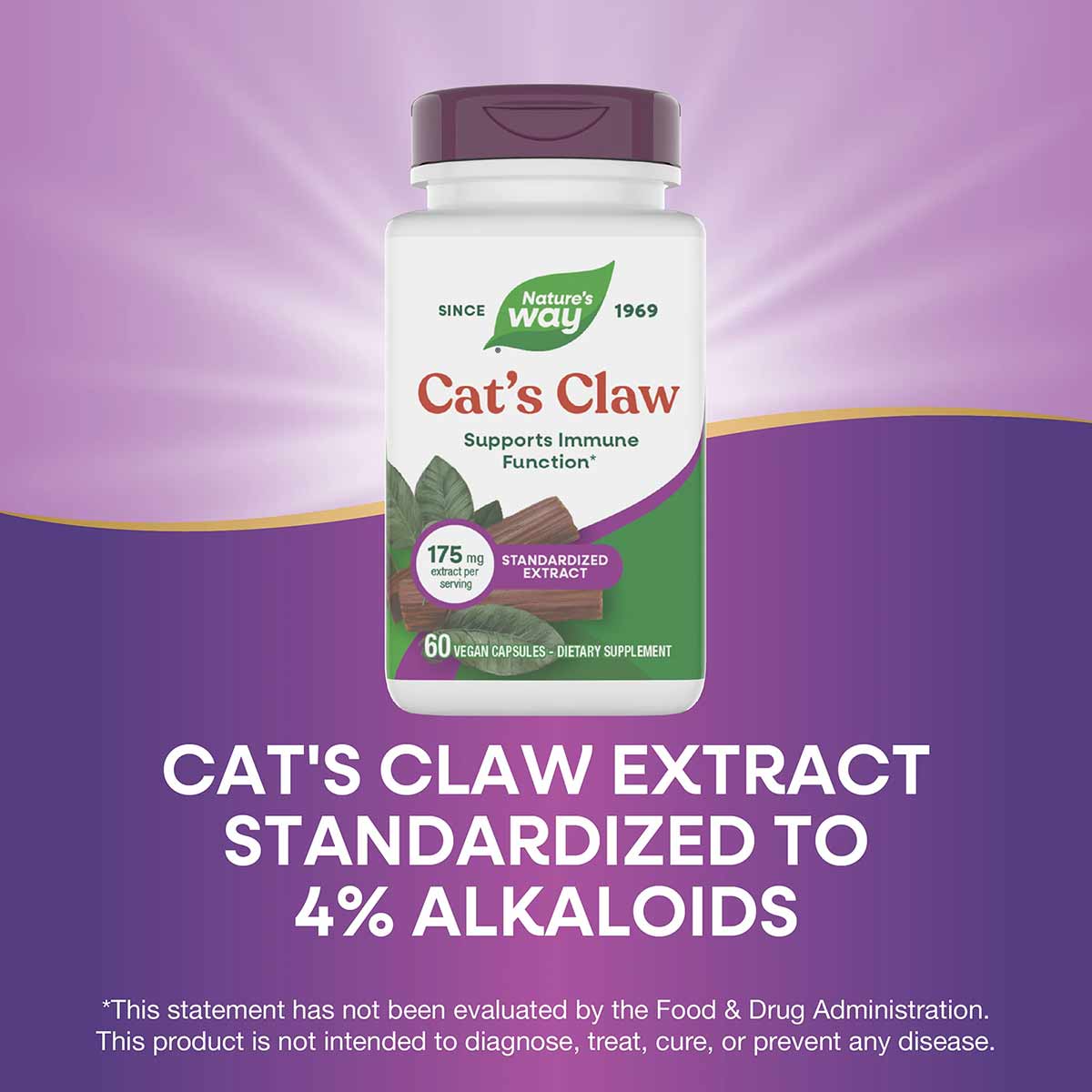 Nature's Way Cat's Claw supplement bottle with purple cap containing 60 vegan capsules, 175 mg standardized extract per servi