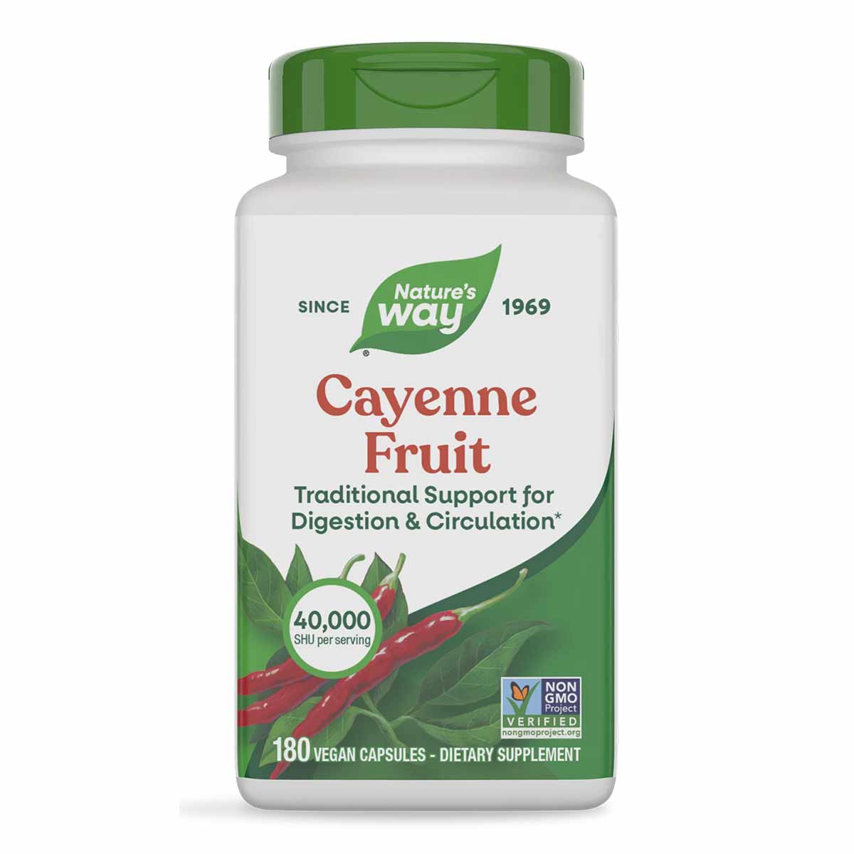Nature's Way Cayenne Fruit supplement bottle with green cap containing 180 vegan capsules.