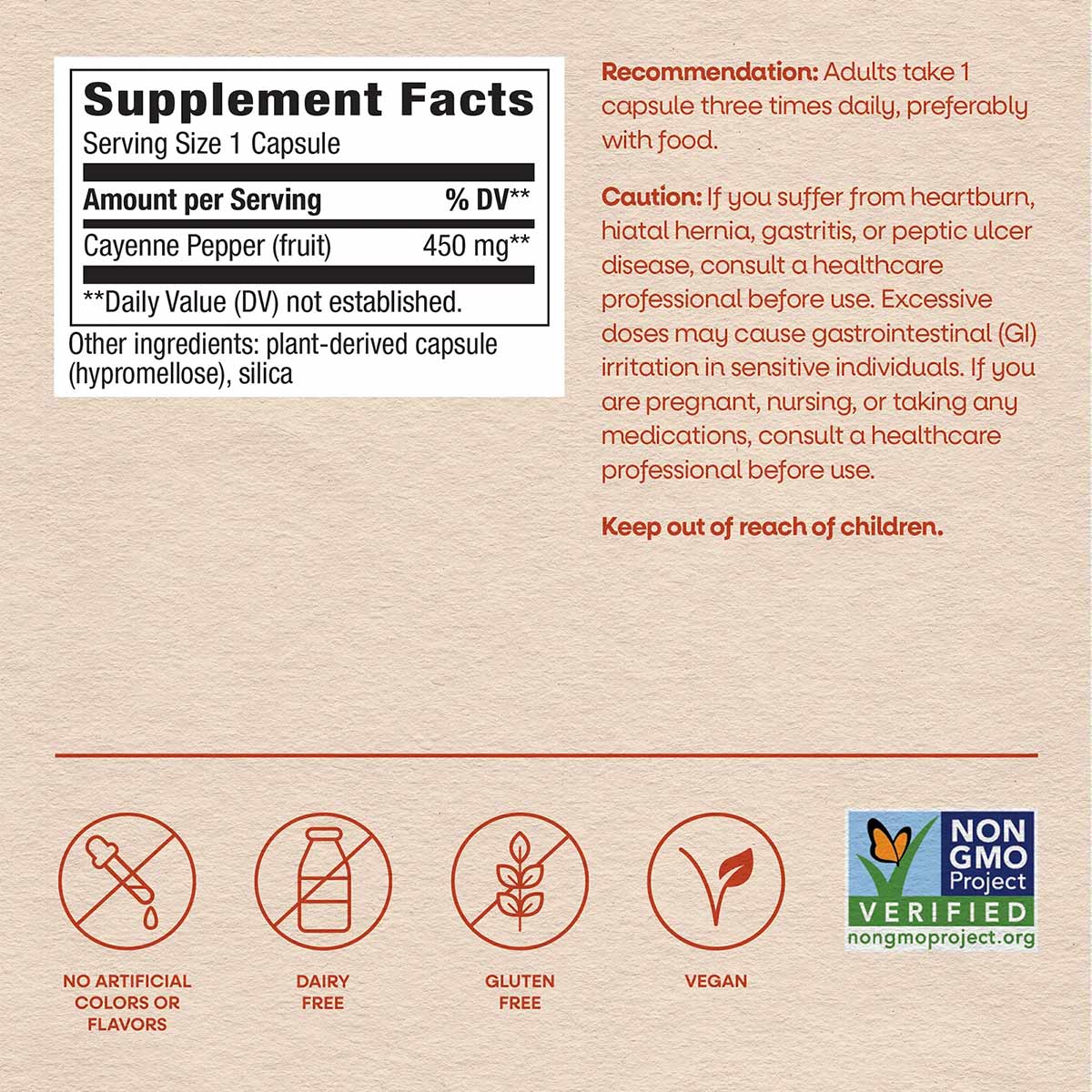 Supplement Facts label for Cayenne Pepper fruit capsules showing 450 mg per serving with plant-derived capsule ingredients.