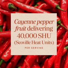 Red cayenne peppers with green stems clustered together with product information text overlay.