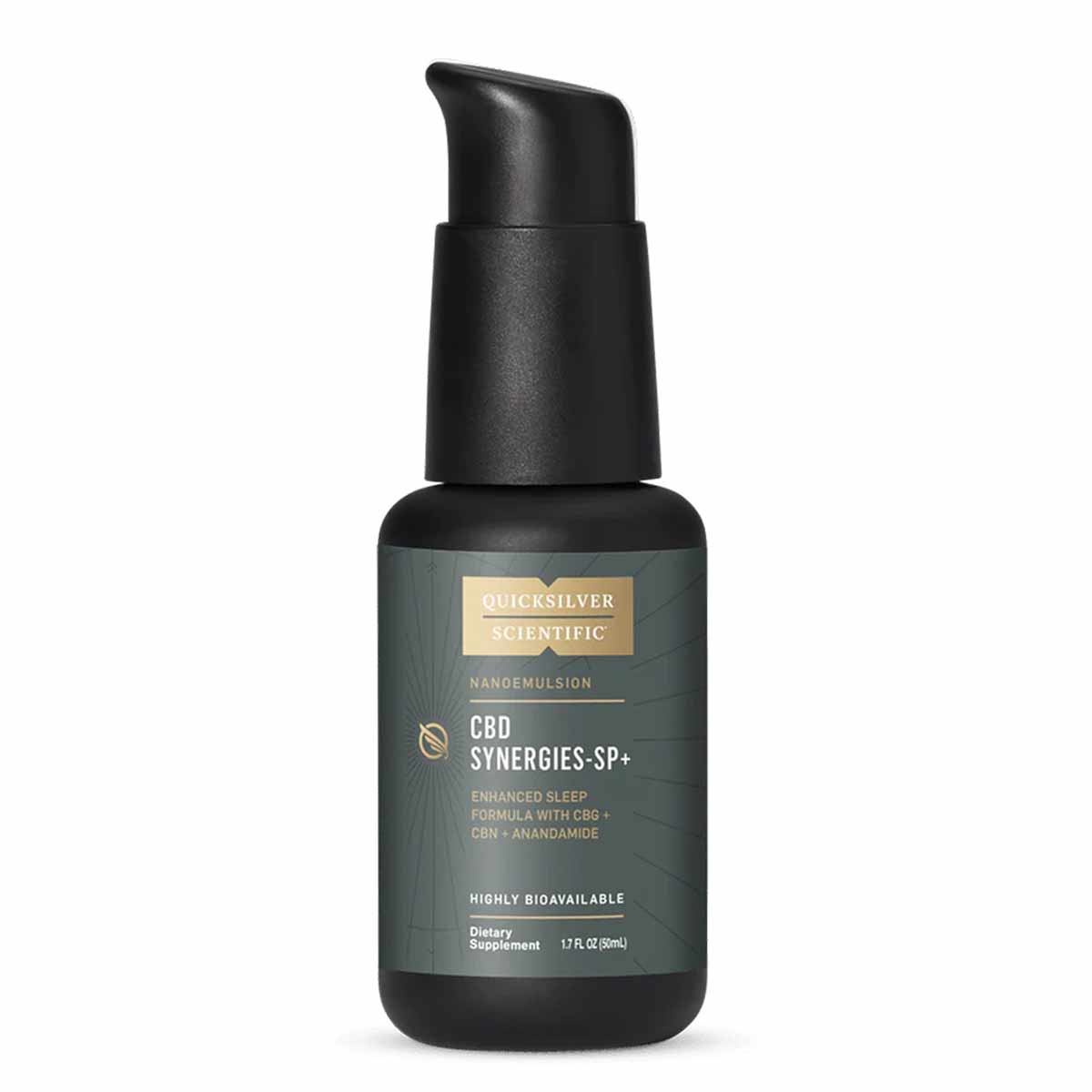 Black pump bottle labeled CBD Synergies-SP by Quicksilver Scientific, 1.7 oz nanoemulsified sleep formula supplement.