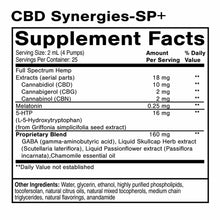 CBD Synergies-SP+ supplement facts label showing ingredients including CBD, melatonin, 5-HTP, and herbal blend with serving s
