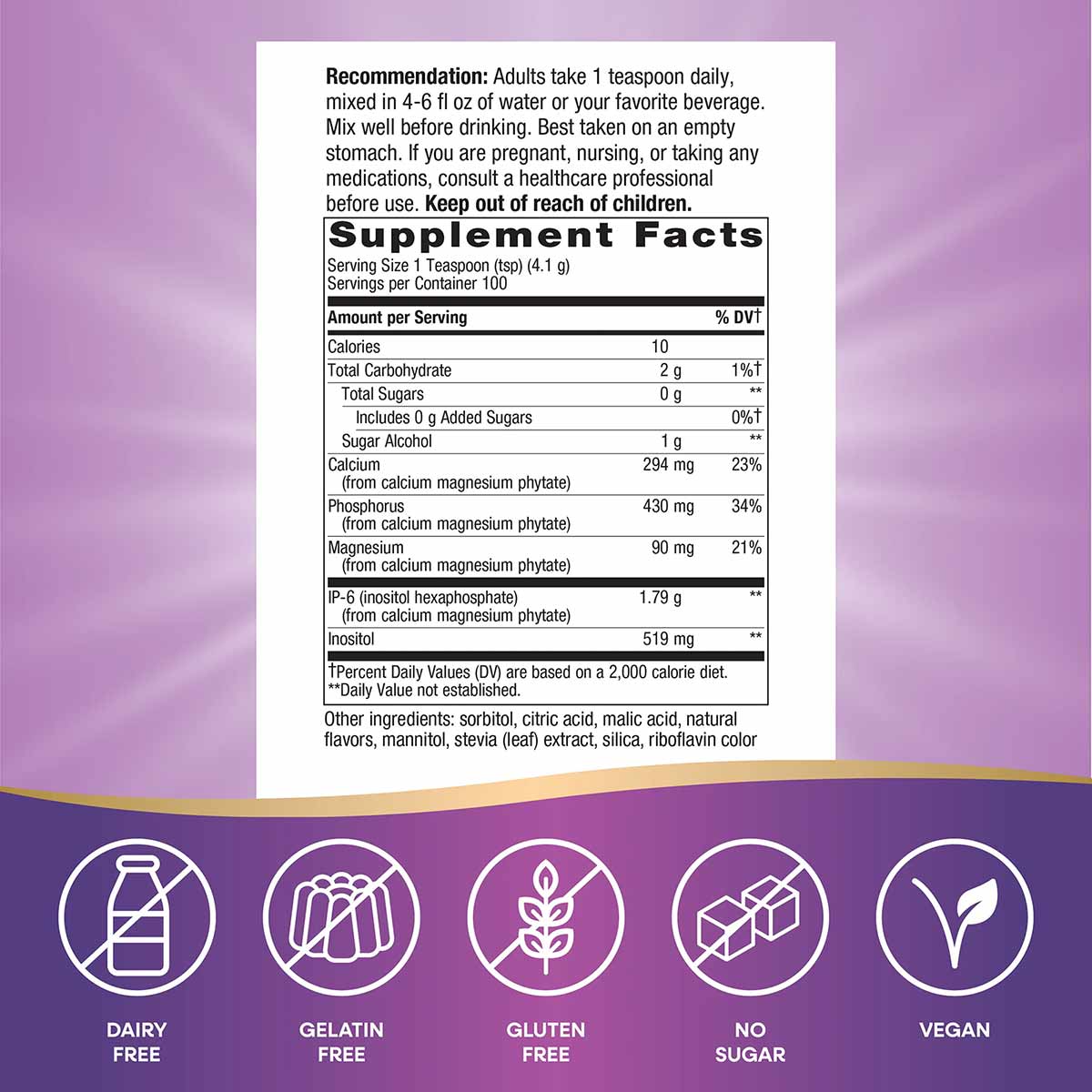 Cell Forte IP-6 & Inositol Powder supplement facts label with dairy-free, gelatin-free, gluten-free, no sugar, and vegan icon
