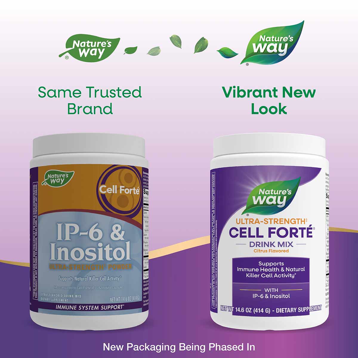 Two Nature's Way Cell Forte supplement powder containers side-by-side showing original brown label and new purple label desig