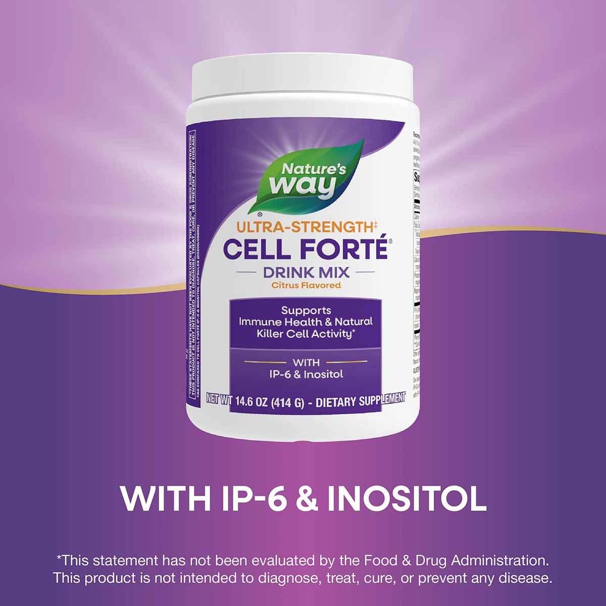Nature's Way Cell Forte powder supplement container with white lid and purple label on purple background.
