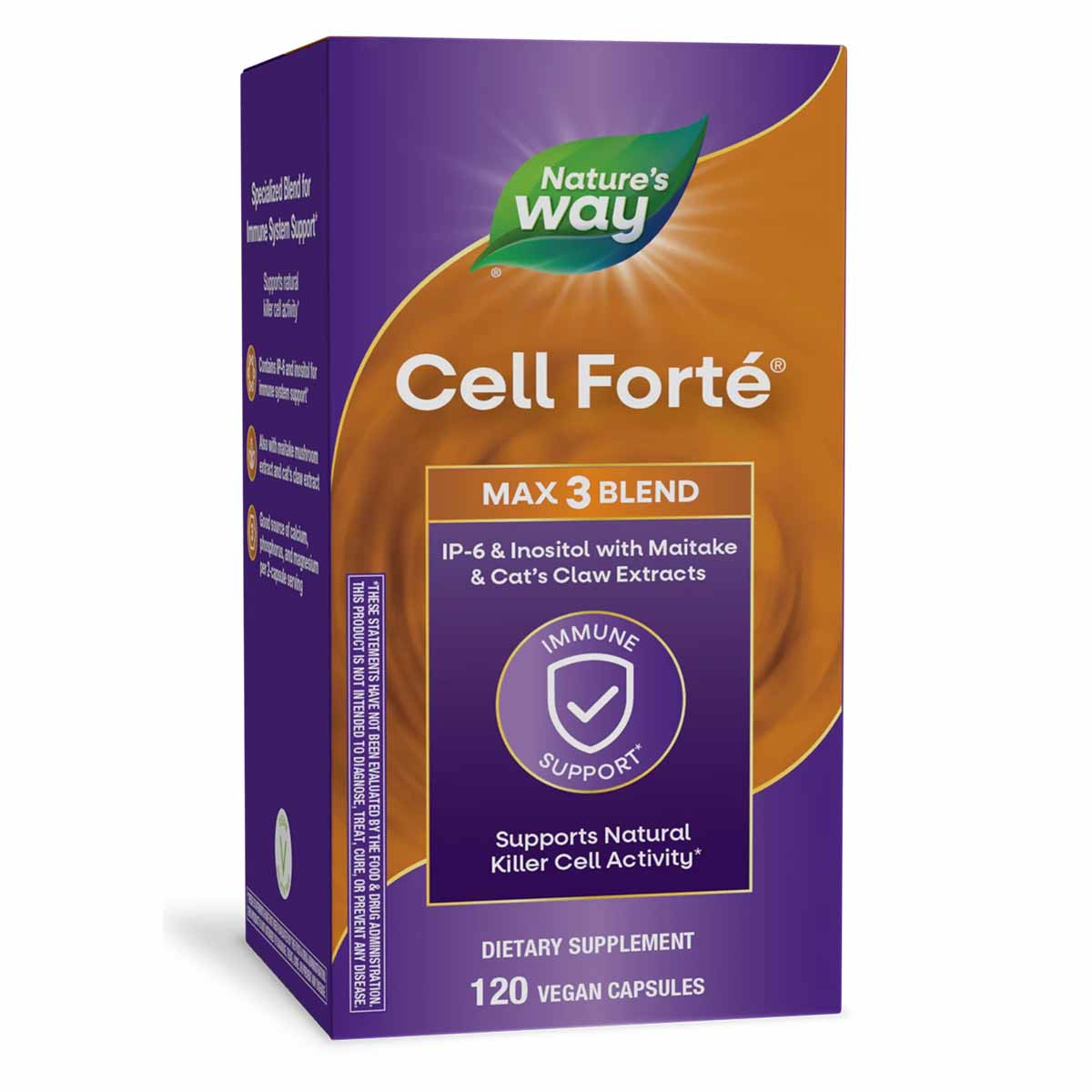 Nature's Way Cell Forte Max 3 Blend dietary supplement bottle with purple and orange packaging containing 120 vegan capsules.