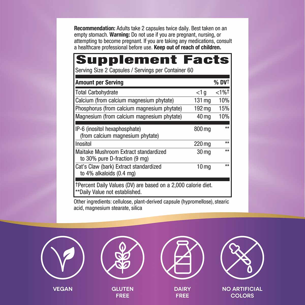 Supplement Facts label for Cell Forte Max3 capsules showing dosage, ingredients including IP-6, inositol, and mushroom extrac