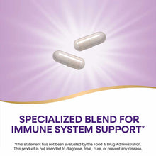 Two white supplement capsules on purple background with gold curved design element and text below.