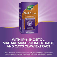 Cell Forté Max 3 Blend supplement bottle by Nature's Way containing 120 vegan capsules on purple background.