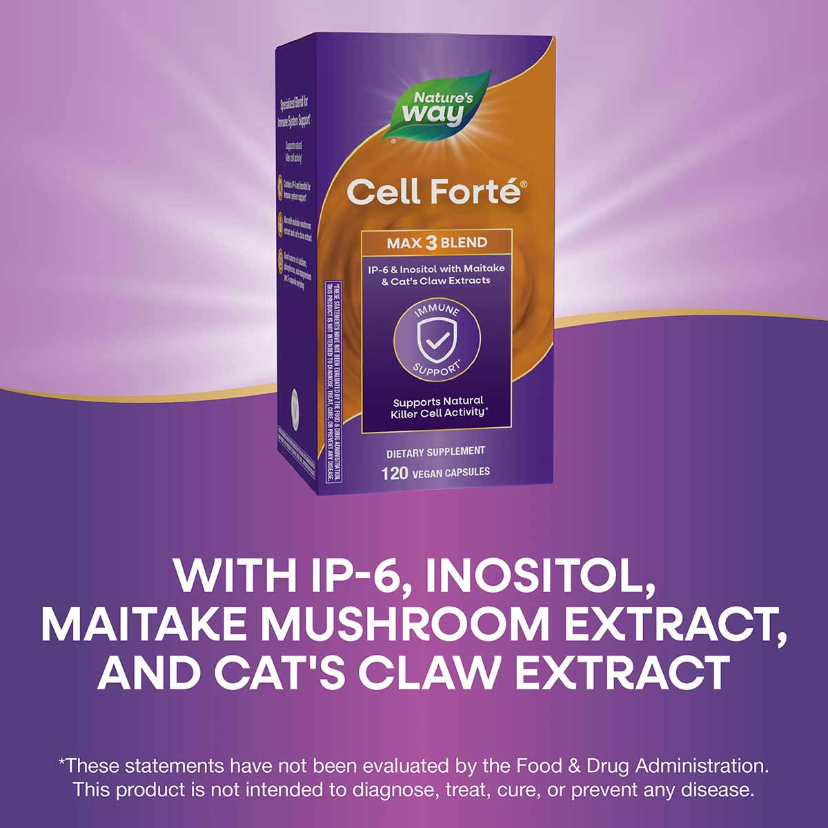 Cell Forté Max 3 Blend supplement bottle by Nature's Way containing 120 vegan capsules on purple background.