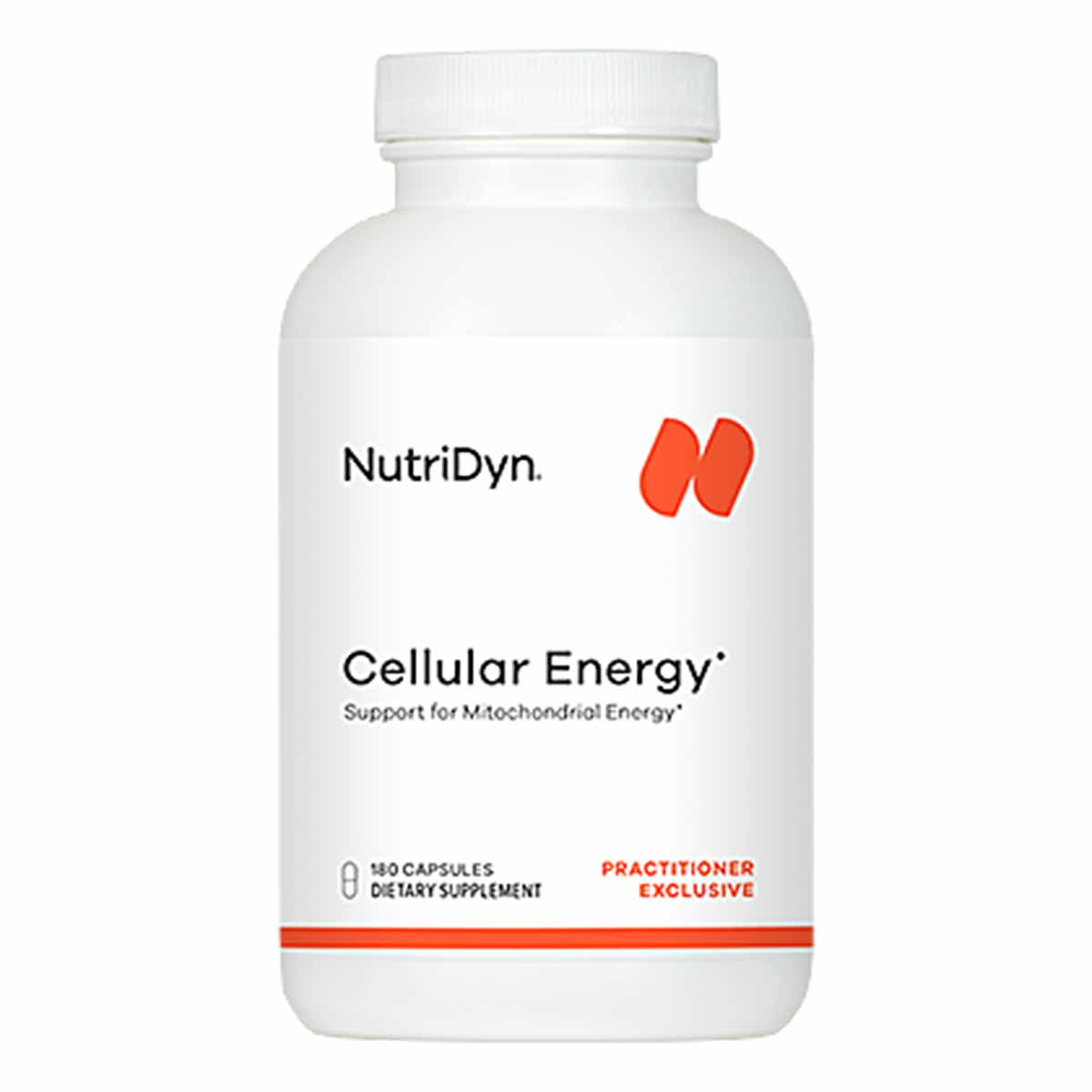 White dietary supplement bottle labeled "NutriDyn Cellular Energy" with red accents, containing 180 capsules.