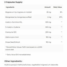 Supplement facts label for NutriDyn Cellular Energy showing 2 capsules supply with ingredients including magnesium, acetyl L-