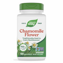 White bottle with green cap containing 100 vegan chamomile flower capsules at 700 mg per serving by Nature's Way.