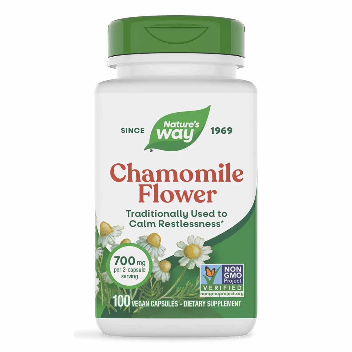 White bottle with green cap containing 100 vegan chamomile flower capsules at 700 mg per serving by Nature's Way.