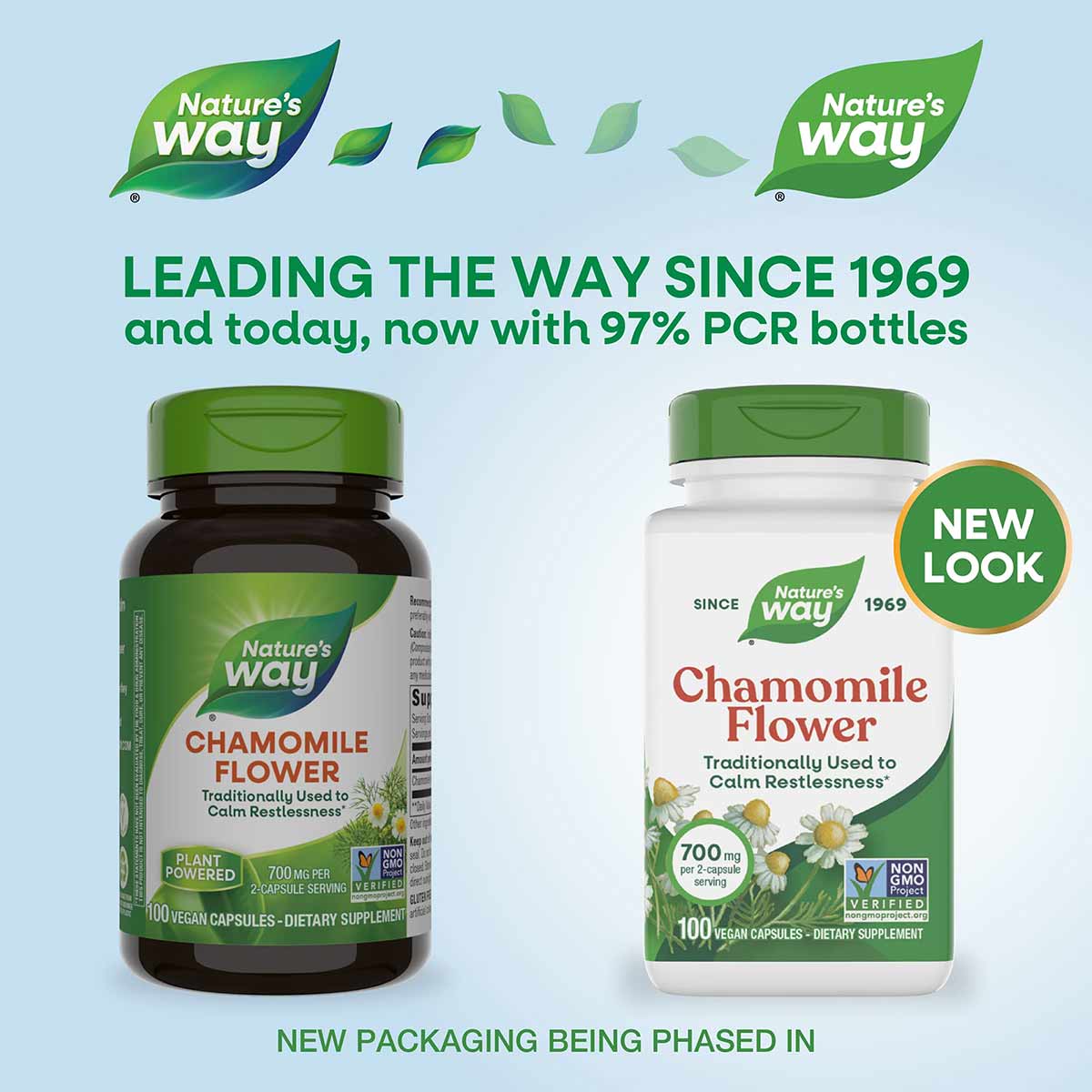 Two bottles of Nature's Way Chamomile Flower dietary supplement: dark glass bottle on left and white bottle on right with gre