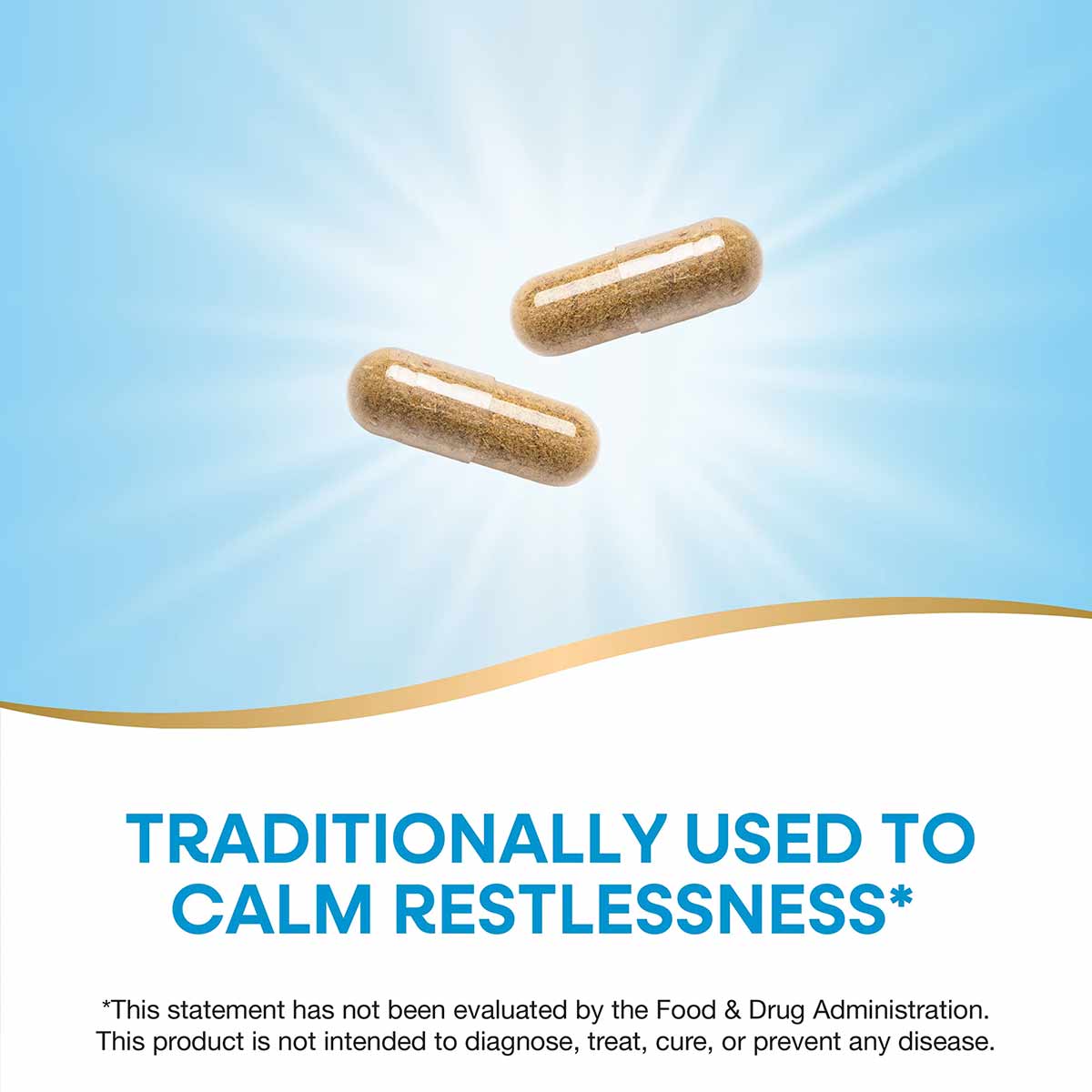 Two tan capsules on blue background with light rays.