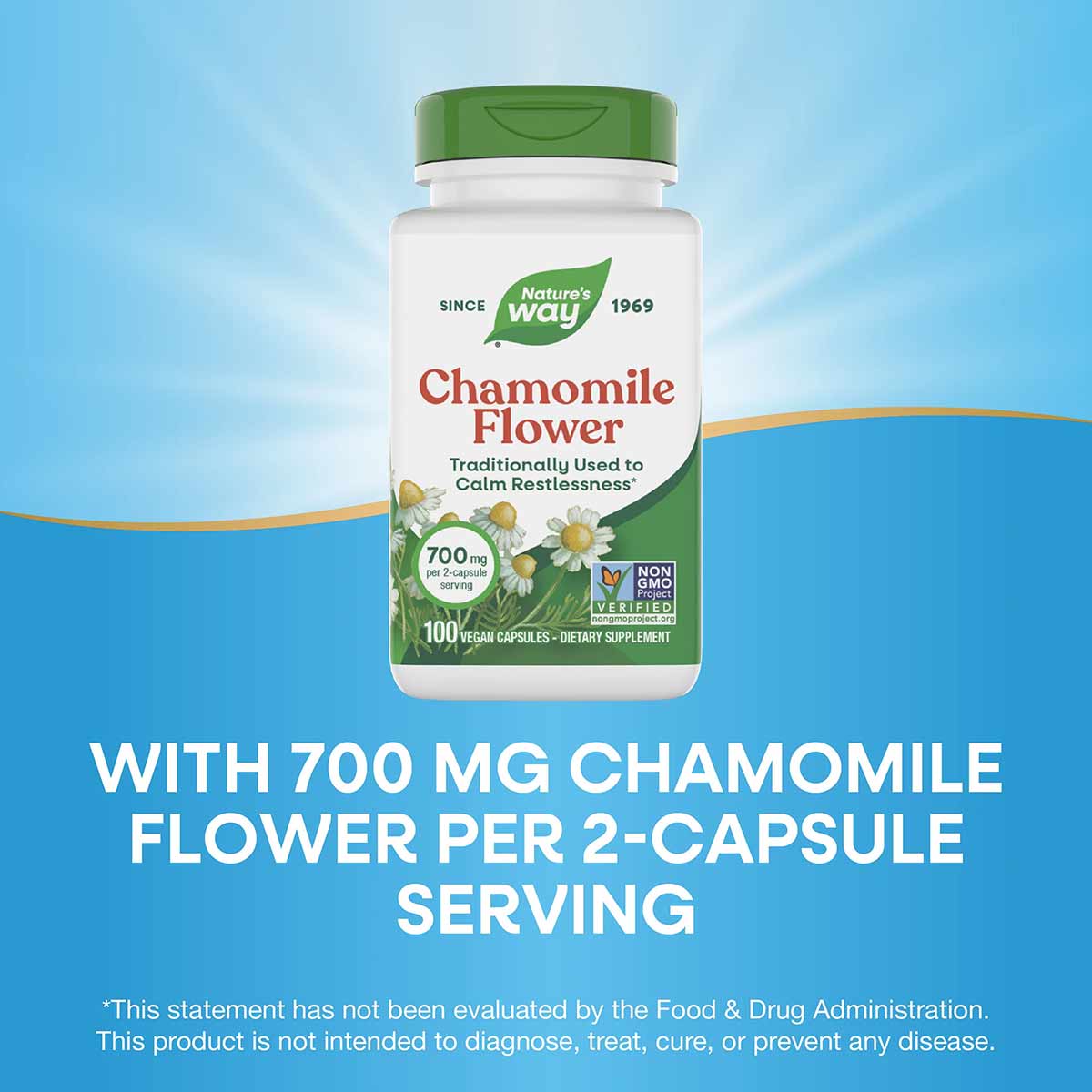 Nature's Way Chamomile Flower supplement bottle with green cap, 100 vegan capsules, 700 mg per serving, against blue backgrou