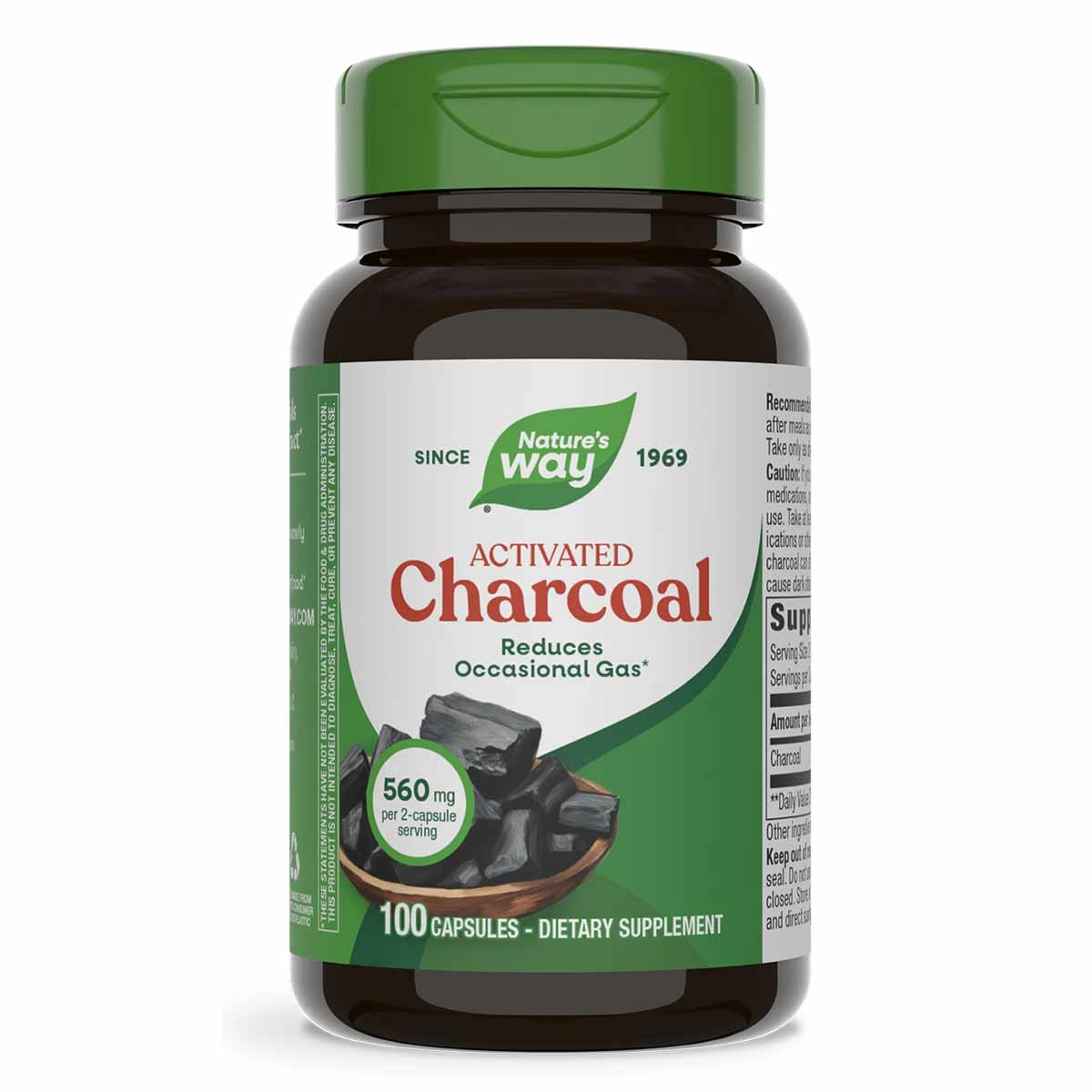 Dark brown bottle with green cap labeled "Nature's Way Activated Charcoal 560 mg, 100 capsules" dietary supplement.