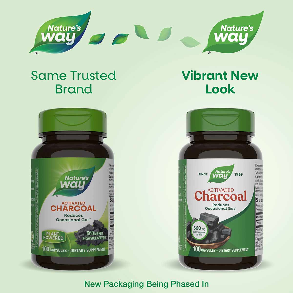 Nature's Way Activated Charcoal 560 mg bottle with green cap and black label showing 100 capsules dietary supplement.