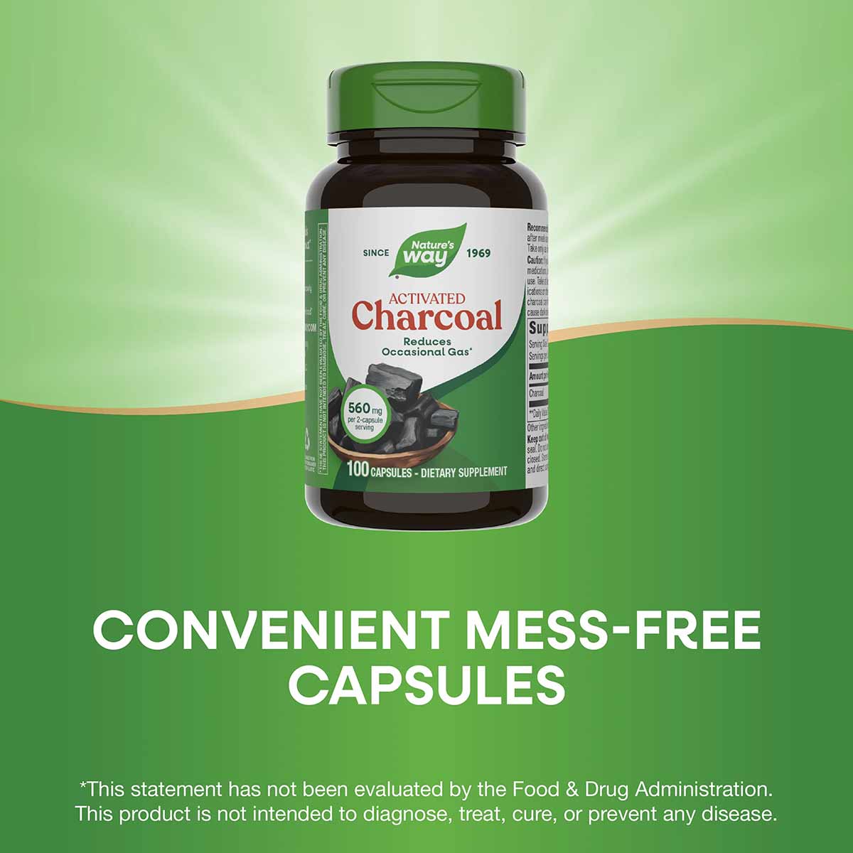Nature's Way Activated Charcoal 560 mg bottle with green cap containing 100 capsules.