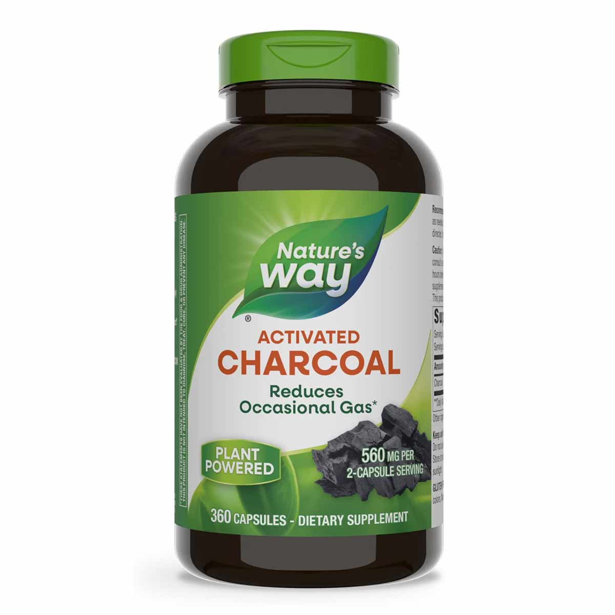 Nature's Way Activated Charcoal 560 mg bottle with green label and 360 capsules.
