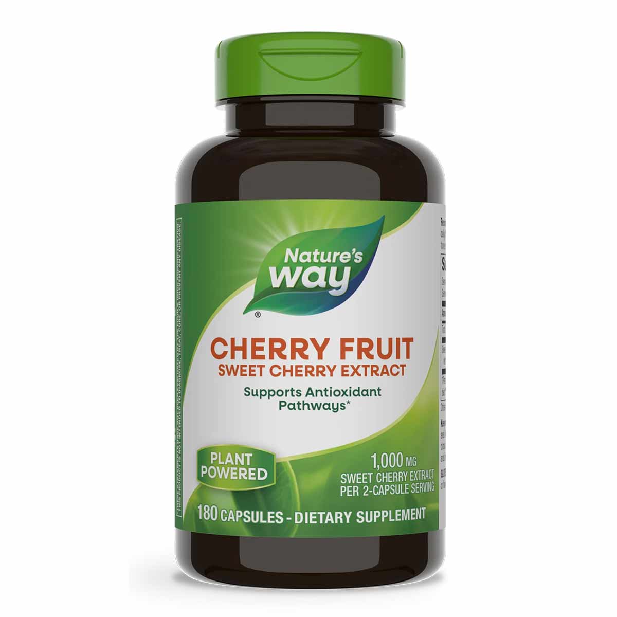 Bottle of Nature's Way Cherry Fruit Sweet Cherry Extract dietary supplement with green cap and label, containing 180 capsules