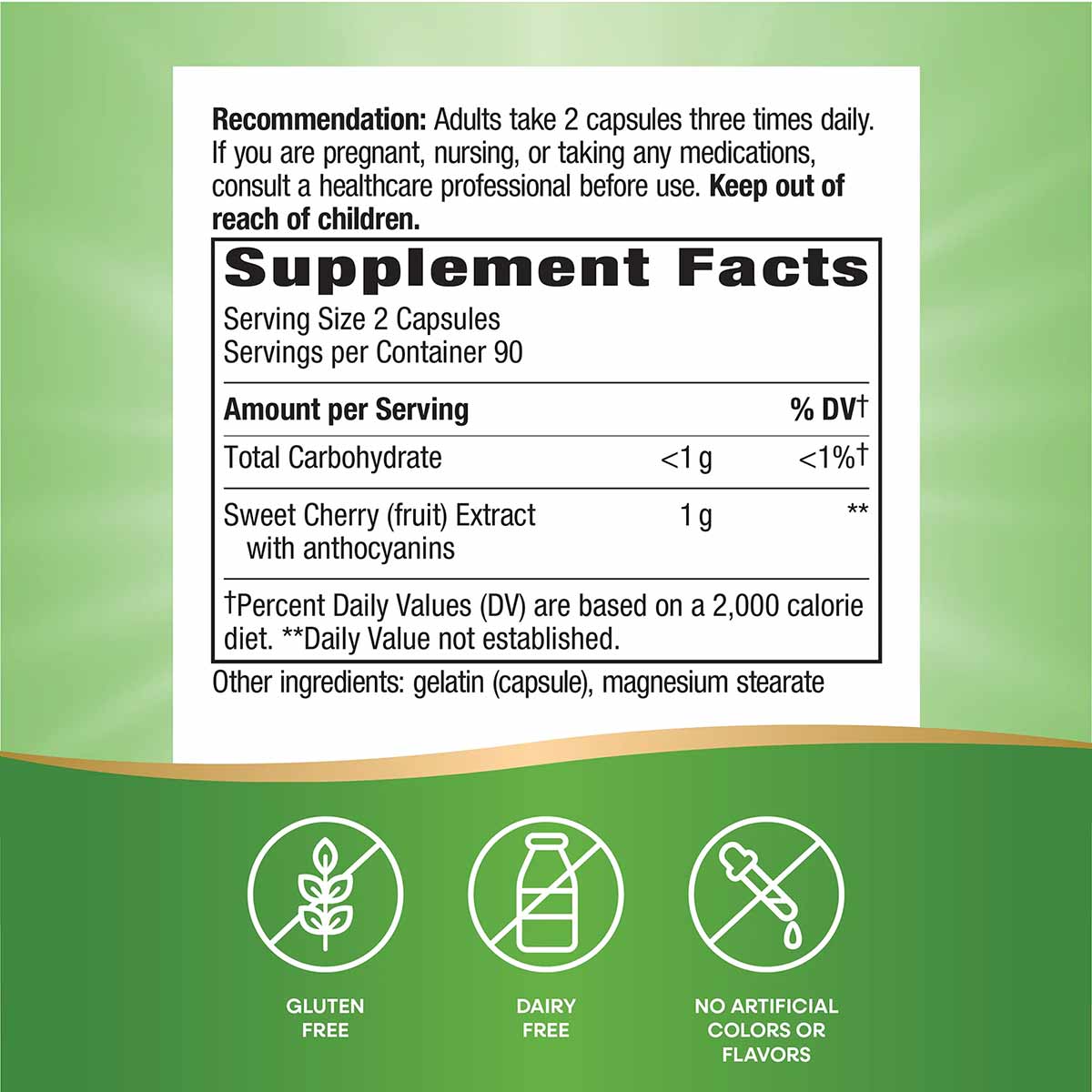 Supplement label for Nature's Way Cherry Fruit Extract with dosage information, supplement facts, and icons indicating gluten