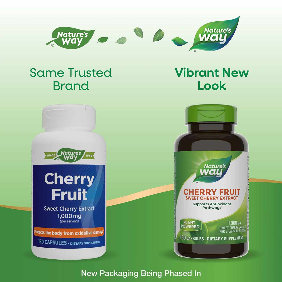 Two Nature's Way Cherry Fruit Extract bottles showing old white packaging and new green packaging, each containing 180 capsul