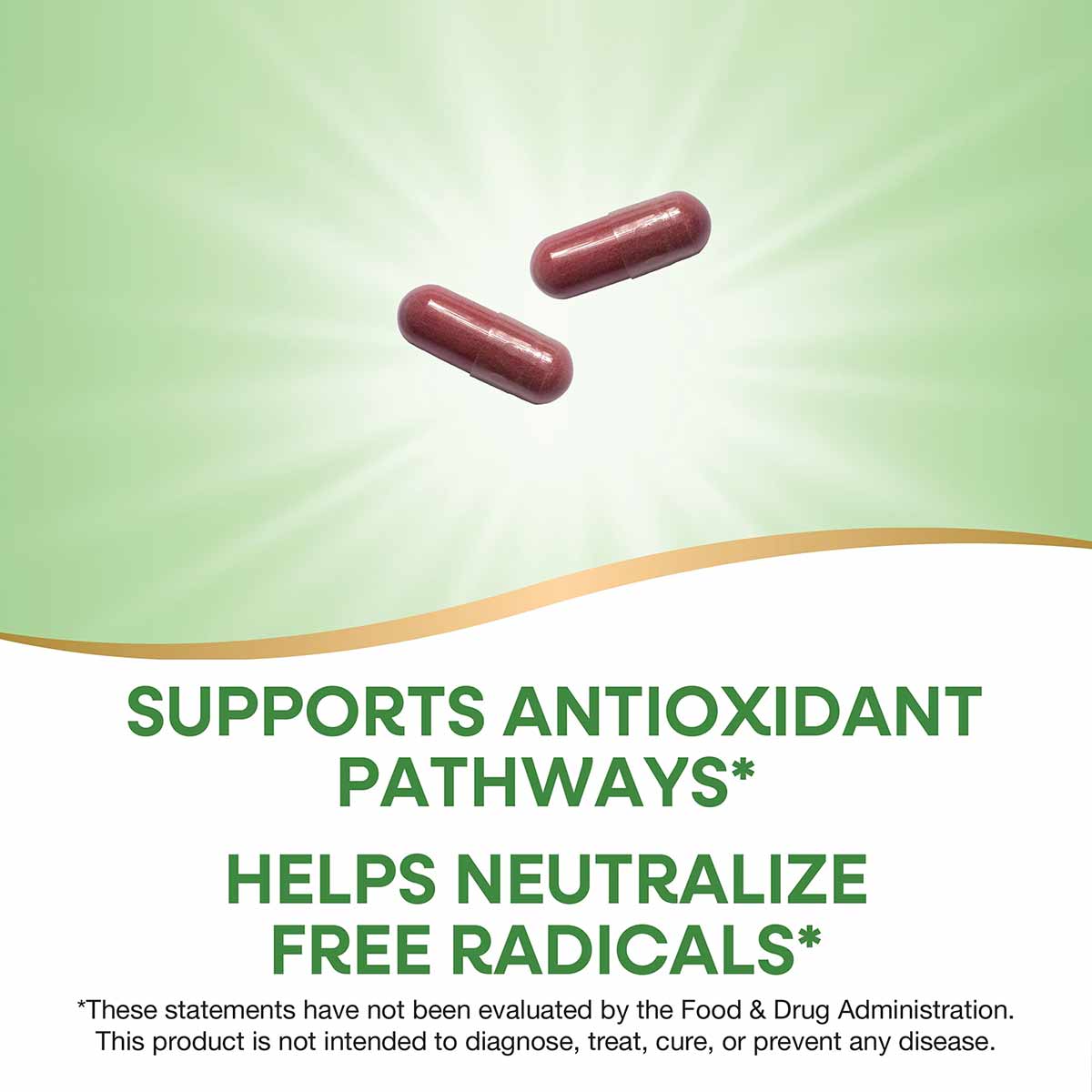 Two dark red oval capsules on a light green background with text about antioxidant support below.