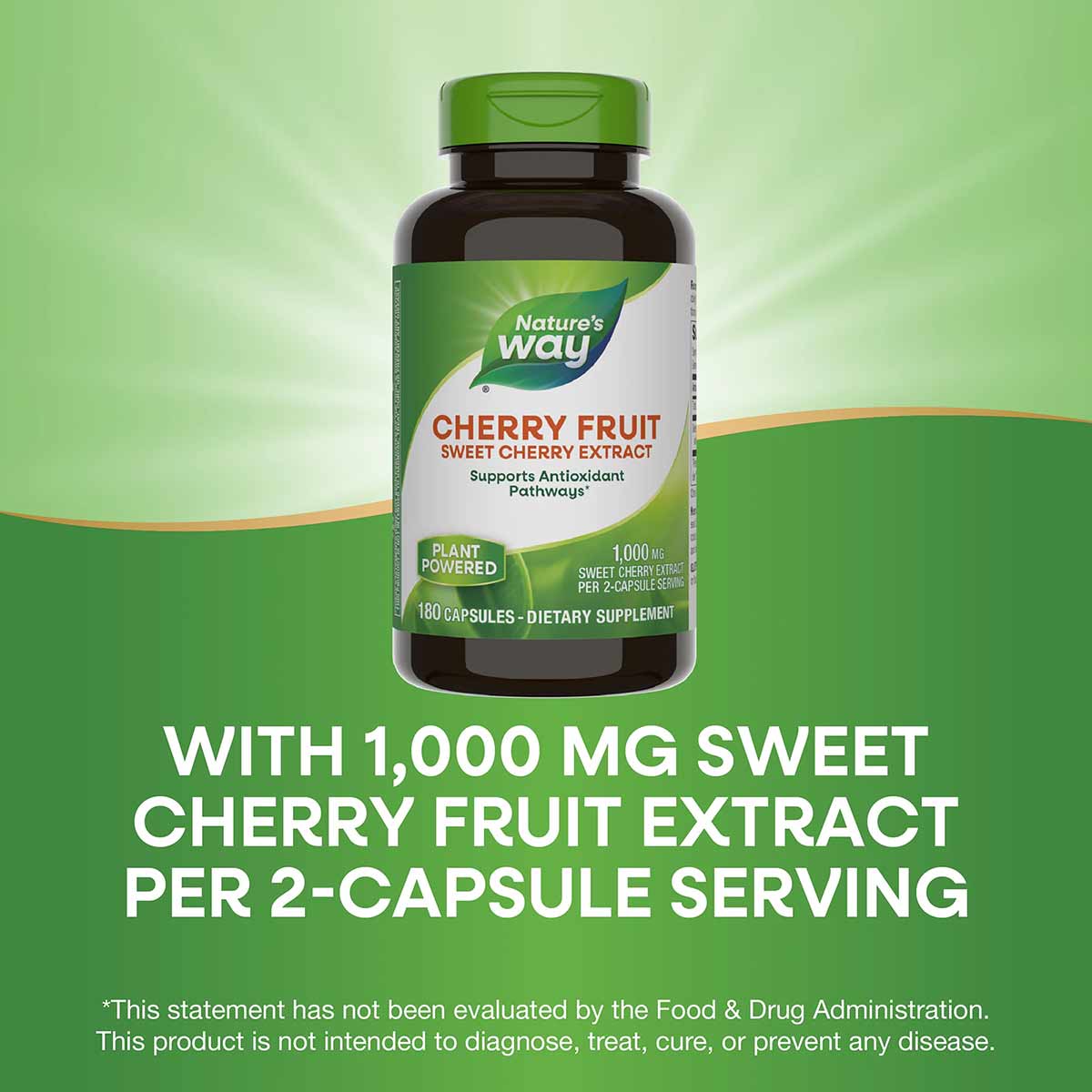 Dark glass bottle with green cap labeled "Nature's Way Cherry Fruit Sweet Cherry Extract," containing 180 capsules.