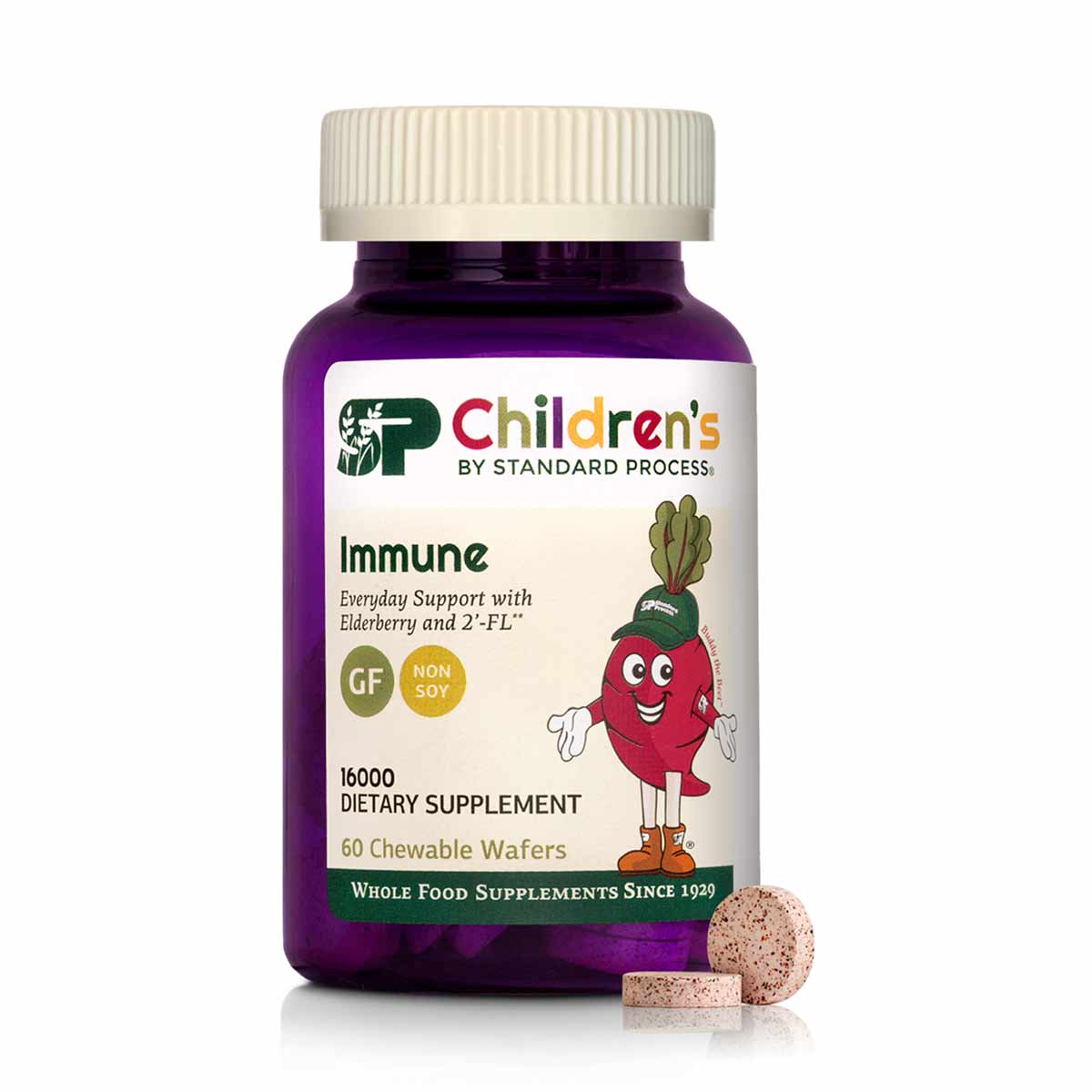 Purple bottle of Standard Process Children's Immune supplement with white cap and label showing 60 chewable wafers, displayed