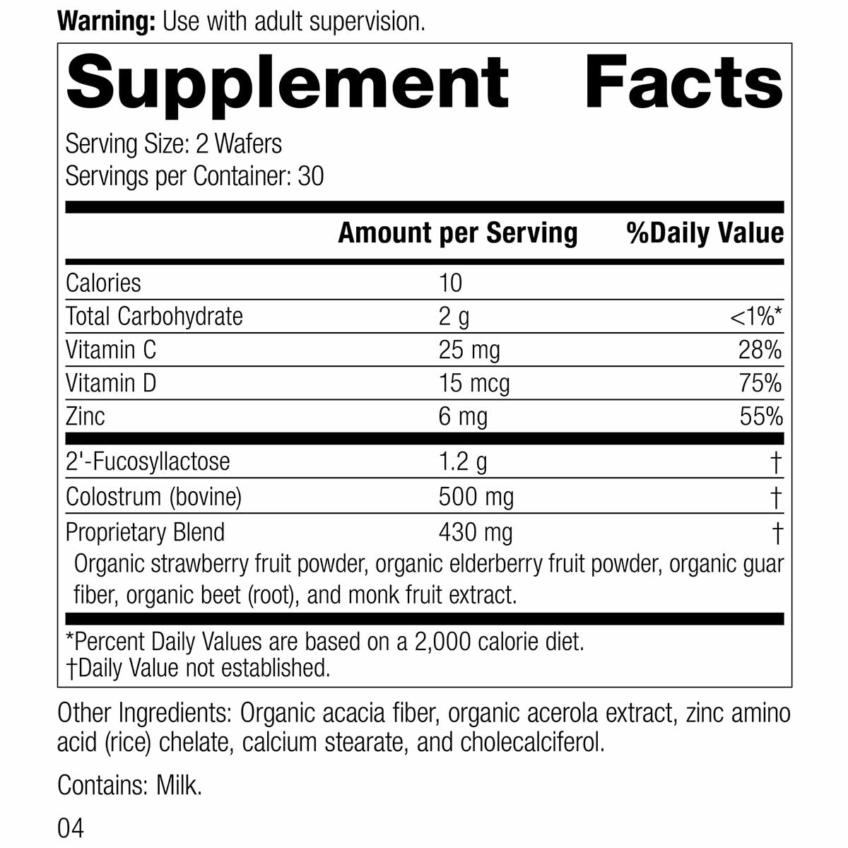 Supplement Facts label for Children's Immune chewable wafers showing nutritional information including vitamins C and D, zinc