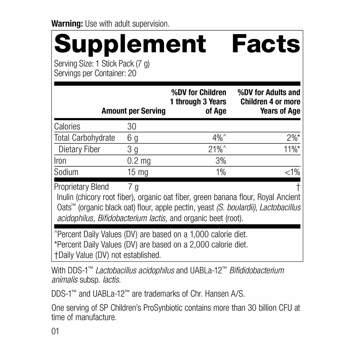Supplement Facts label for Children's ProSynbiotic showing serving size, nutritional information, and proprietary blend ingre