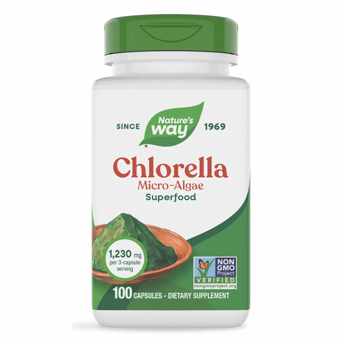 White bottle with green cap labeled "Nature's Way Chlorella Micro-Algae Superfood," containing 100 capsules, 1,230 mg per ser