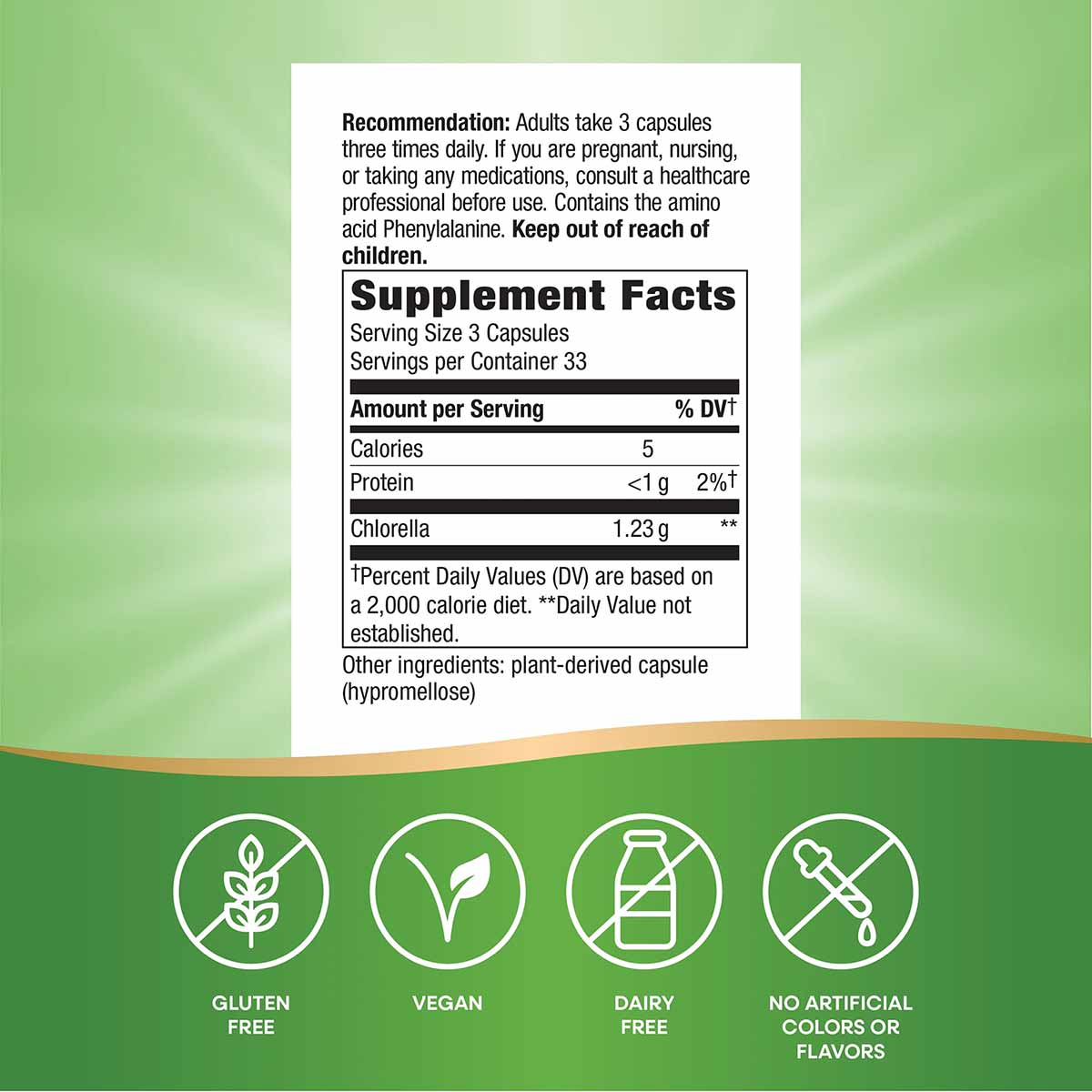 Supplement facts label for chlorella capsules showing dosage, nutritional information, and certification badges for gluten-fr