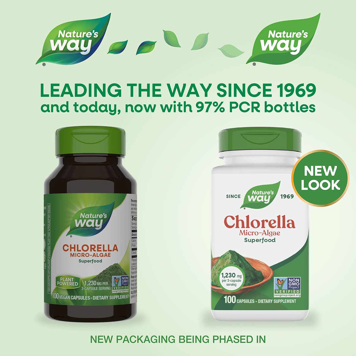 Nature's Way Chlorella Micro-Algae supplement bottles in dark green and white packaging with 100 capsules each.