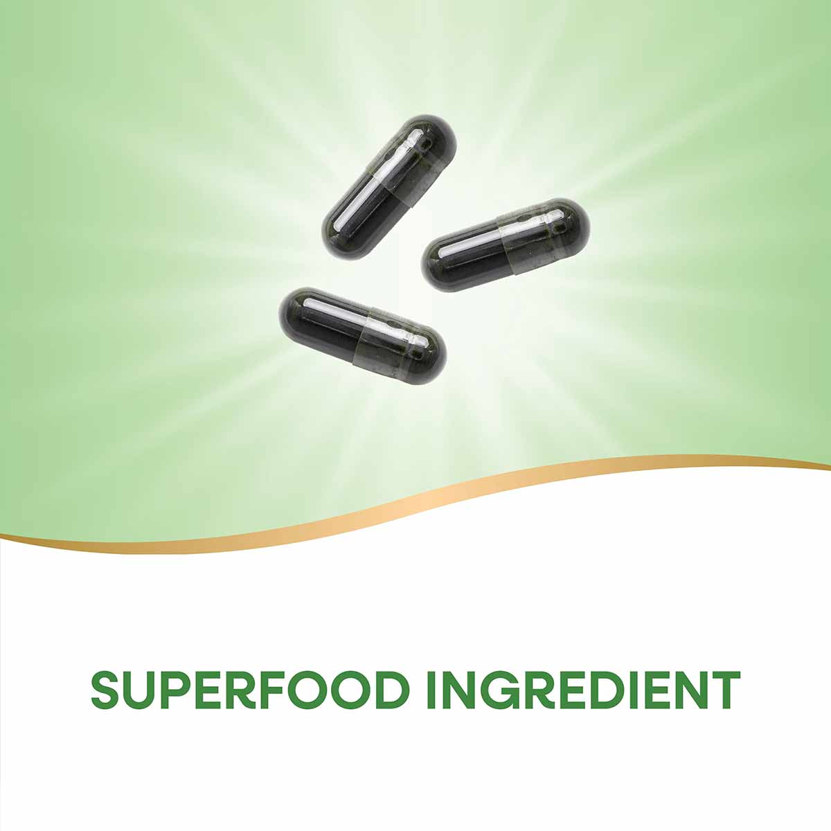 Three black capsules on green gradient background with "Superfood Ingredient" text below.
