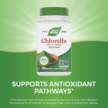 White and green Nature's Way Chlorella bottle with green cap, containing 100 capsules, displayed against green background.