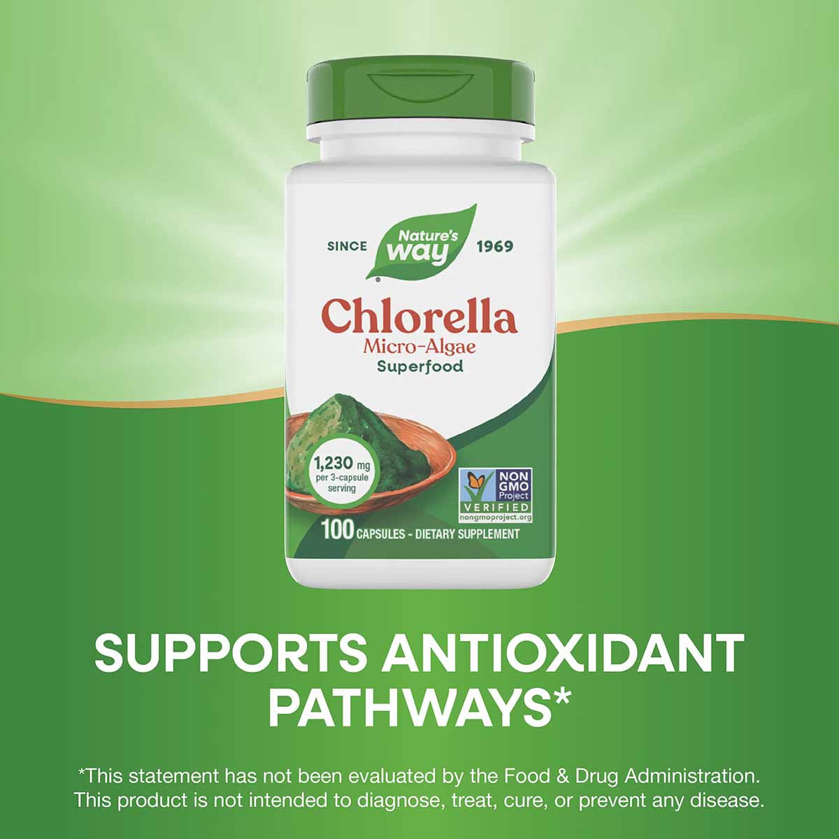 White and green Nature's Way Chlorella bottle with green cap, containing 100 capsules, displayed against green background.