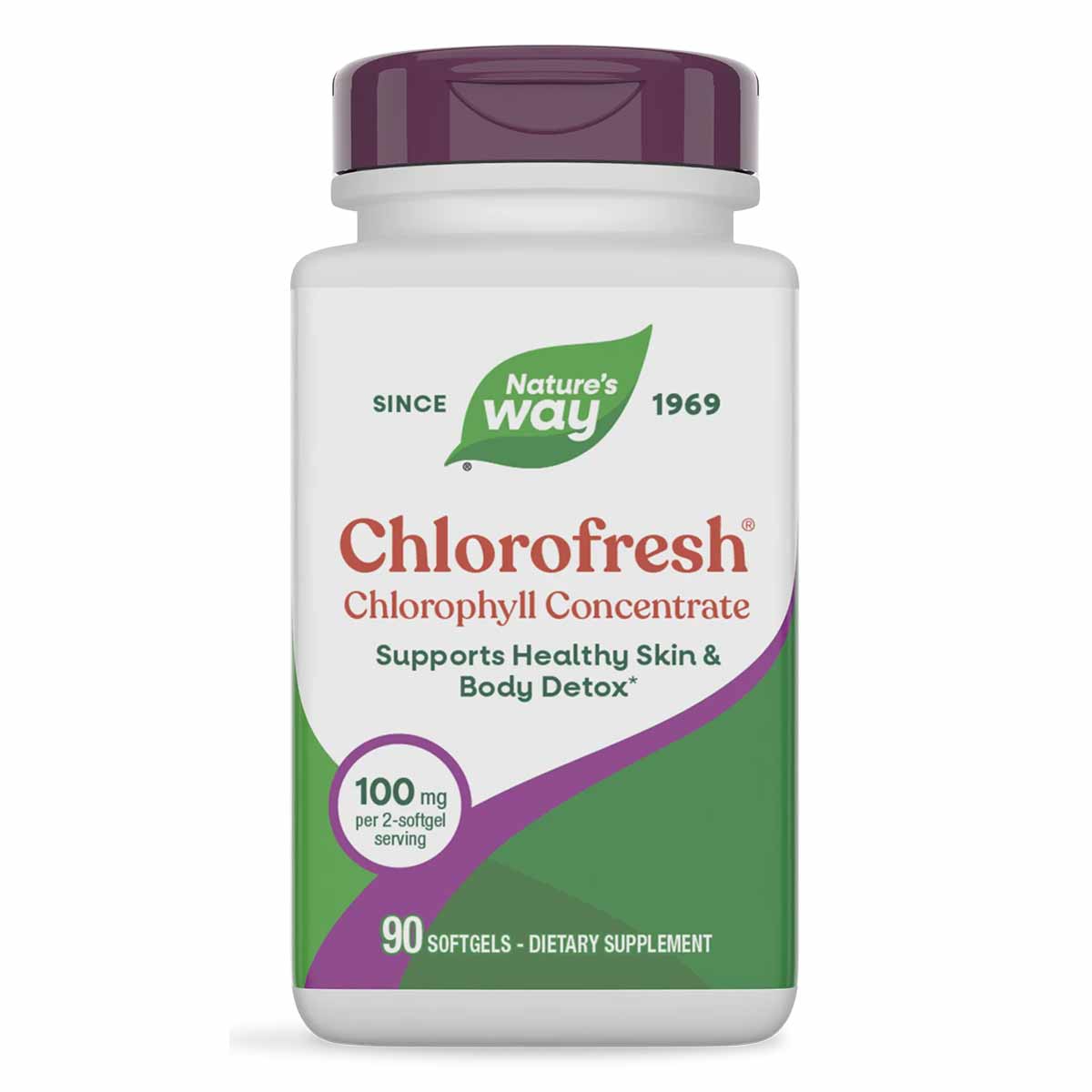Nature's Way Chlorofresh Chlorophyll Concentrate bottle with purple cap containing 90 softgels.