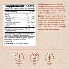 Supplement Facts label for chlorophyll softgels showing nutritional information, ingredients, and allergen warnings with usag