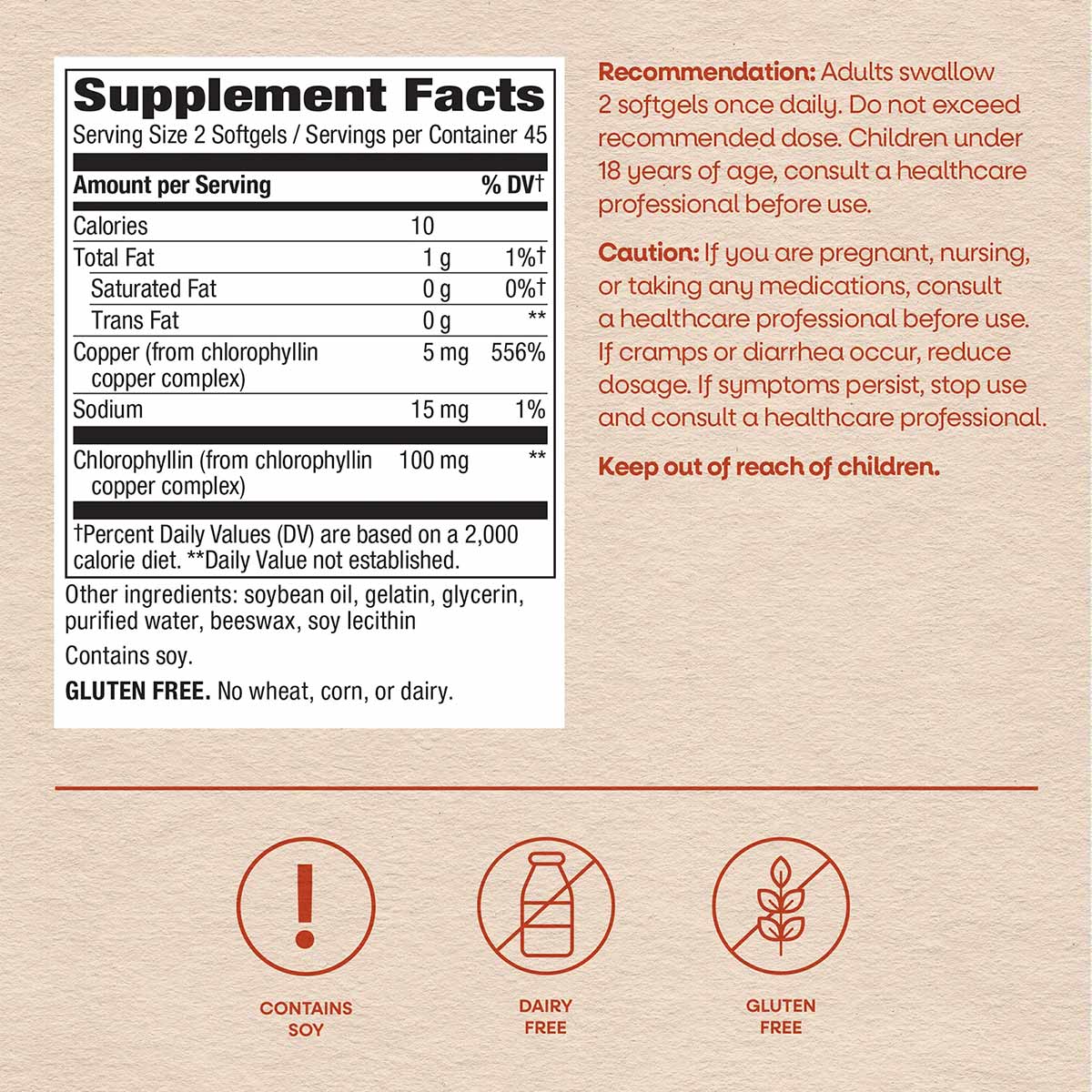 Supplement Facts label for chlorophyll softgels showing nutritional information, ingredients, and allergen warnings with usag