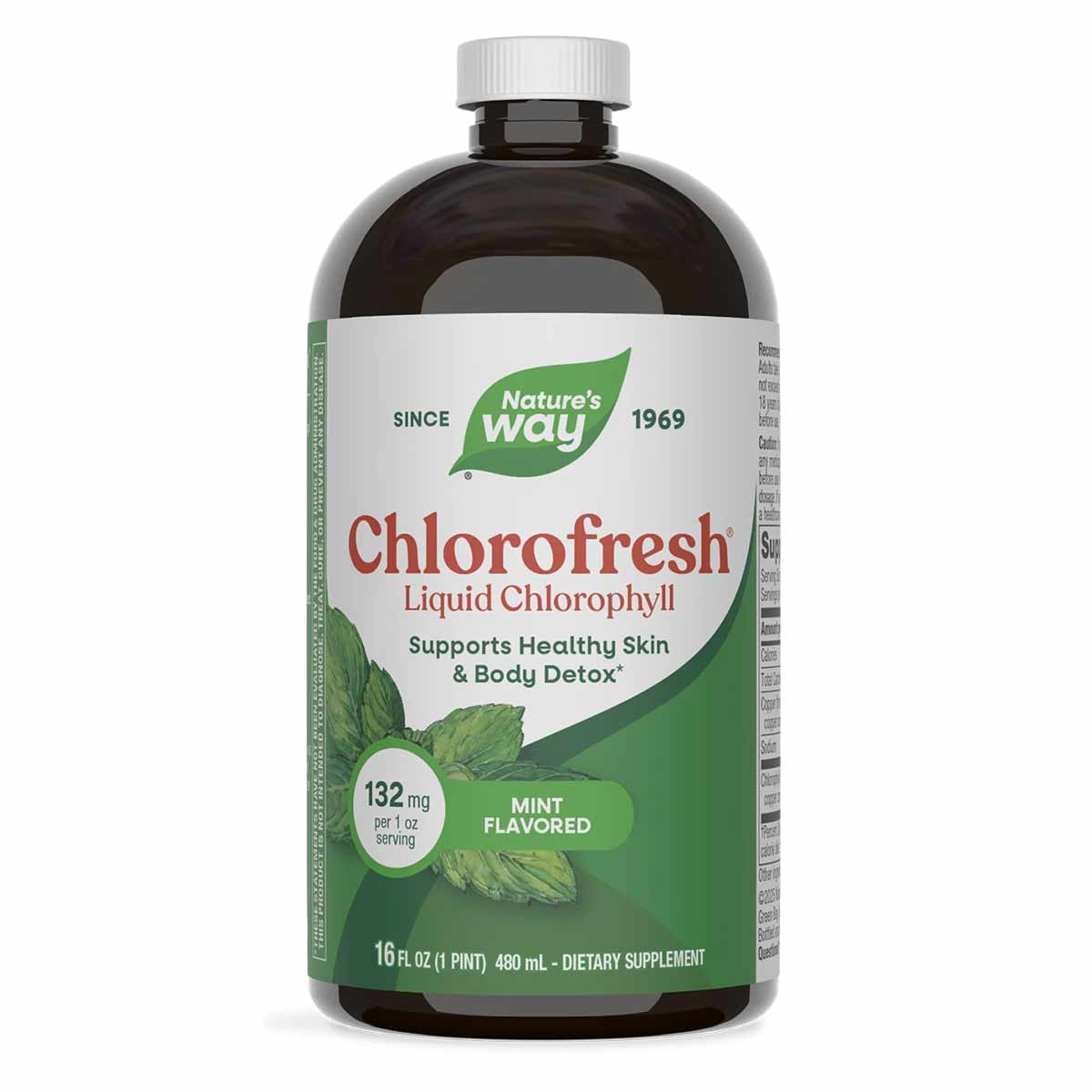 Dark glass bottle of Nature's Way Chlorofresh Liquid Chlorophyll with white cap and white label featuring green leaf design a