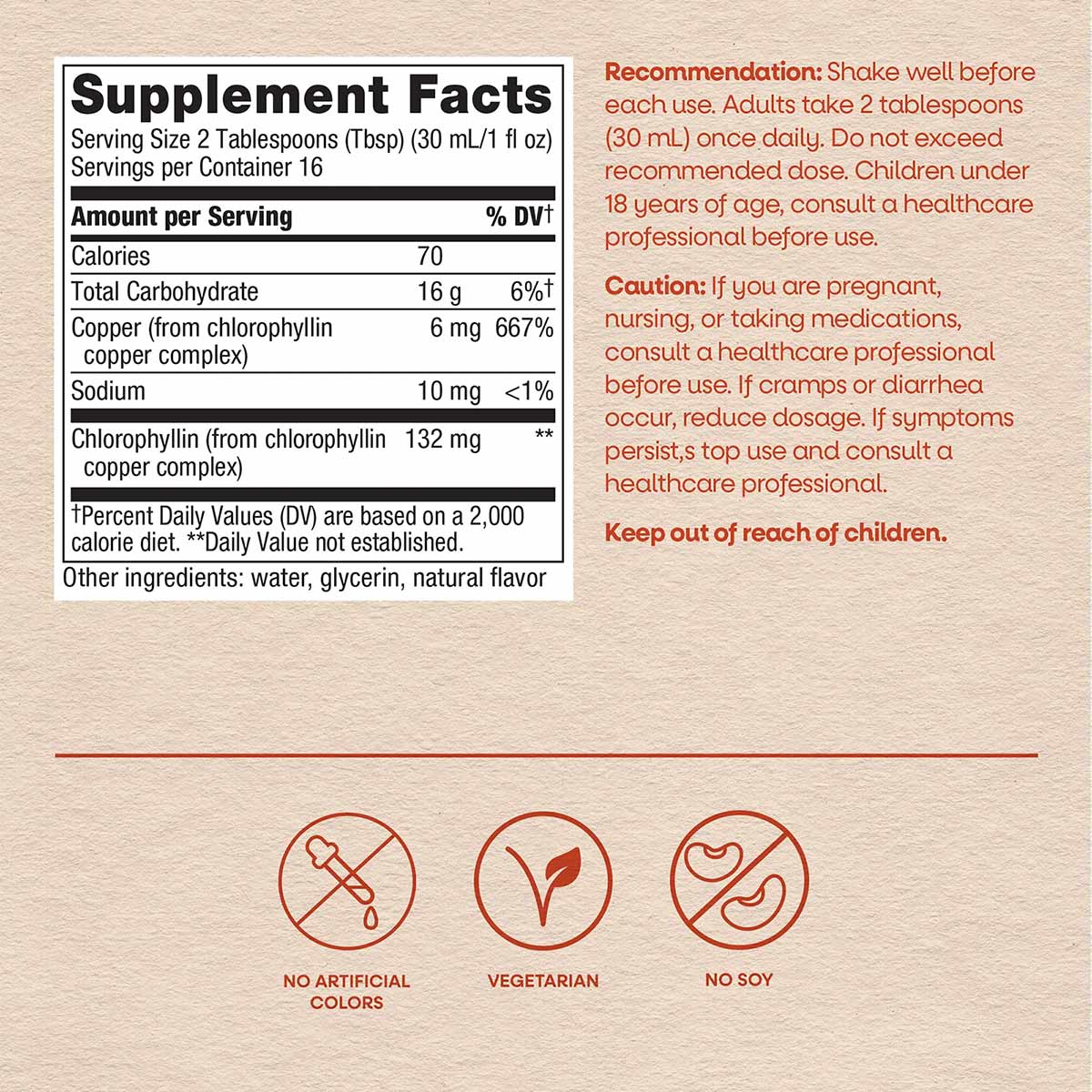 Supplement Facts label for Chlorofresh Liquid Chlorophyll showing serving size, nutritional information, usage instructions, 